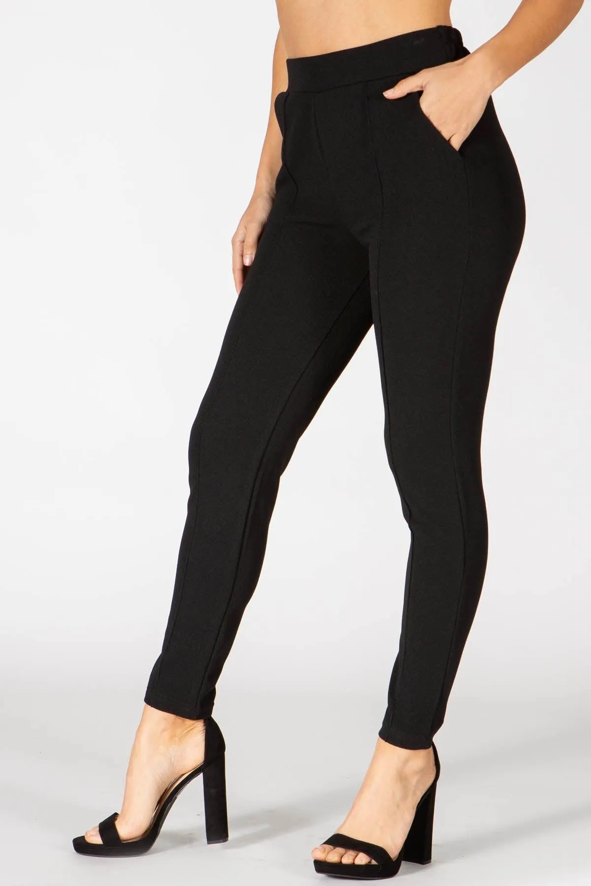 High Waist Textured Knit Slim Fit Pleat Pants - Black