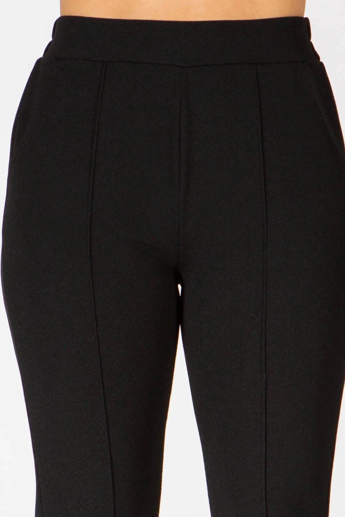 High Waist Textured Knit Slim Fit Pleat Pants - Black
