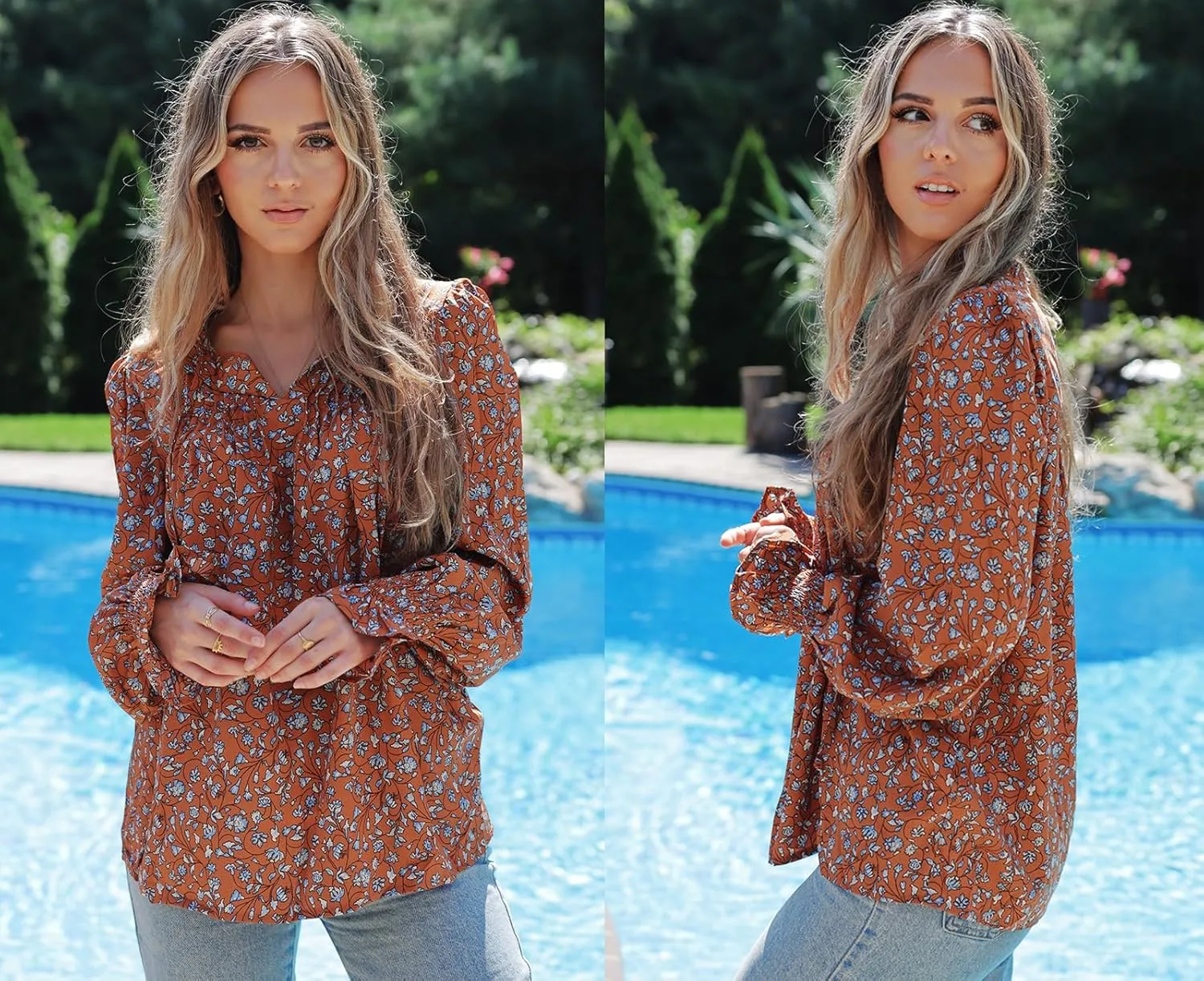 HOTOUCH Womens Long Sleeve Tops Boho Floral Printed Blouses Casual V Neck Pleated Drawstring Peasant Shirts