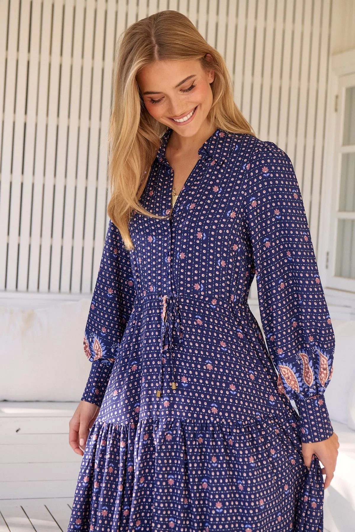 Jaase Romee Maxi Dress with Long Sleeve Drawstring Waist V Neck Collar - Alaska