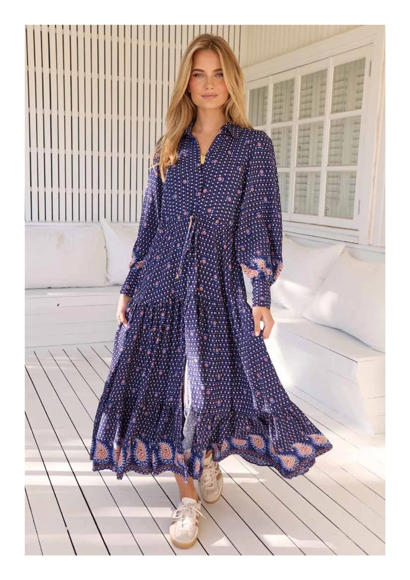 Jaase Romee Maxi Dress with Long Sleeve Drawstring Waist V Neck Collar - Alaska
