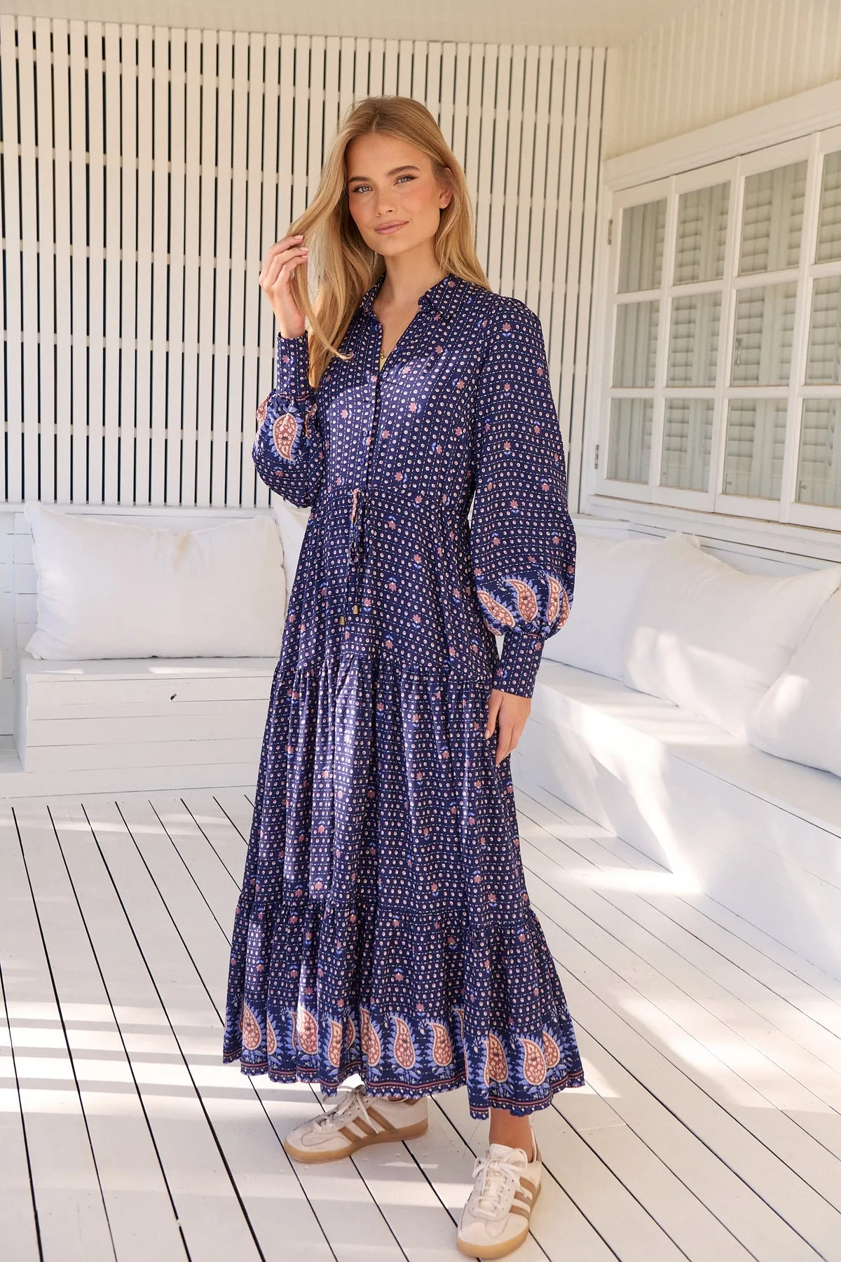 Jaase Romee Maxi Dress with Long Sleeve Drawstring Waist V Neck Collar - Alaska