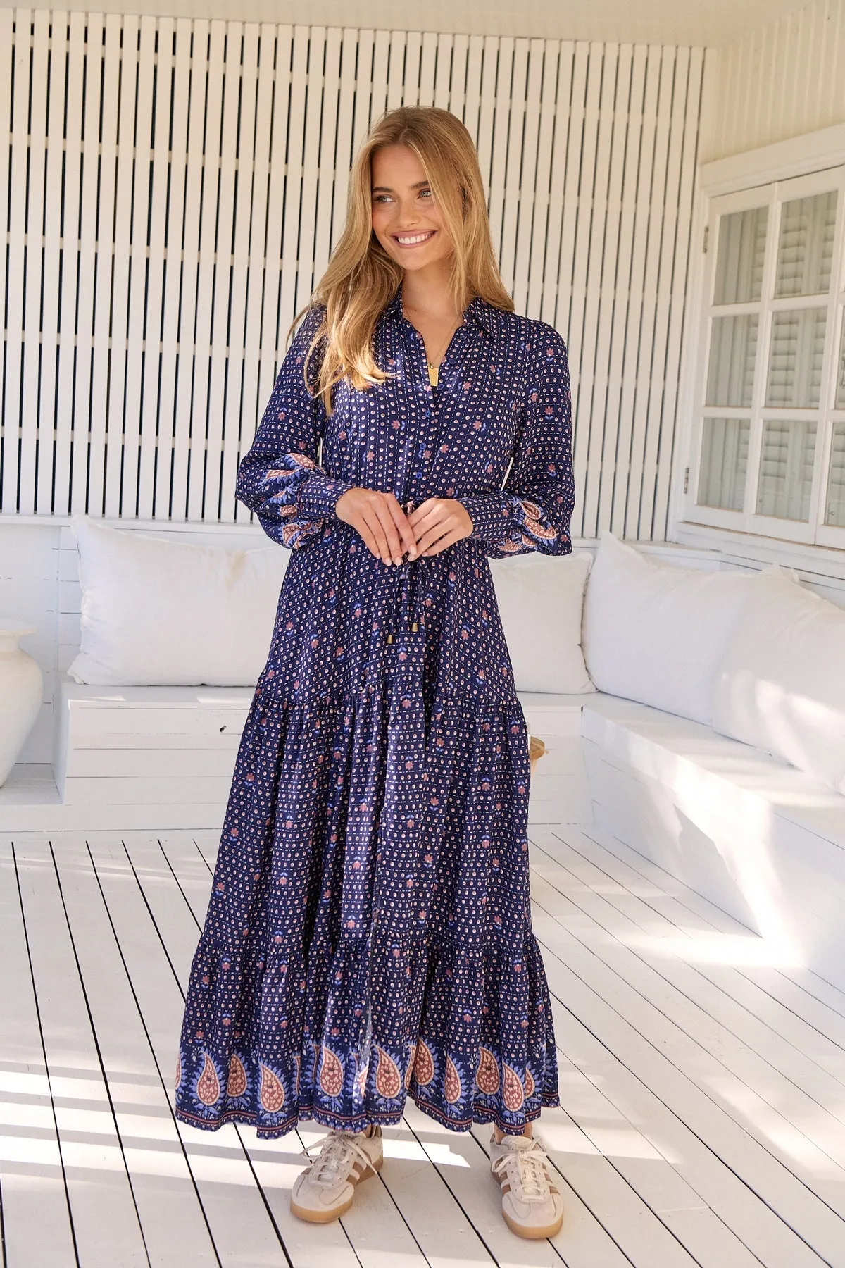 Jaase Romee Maxi Dress with Long Sleeve Drawstring Waist V Neck Collar - Alaska