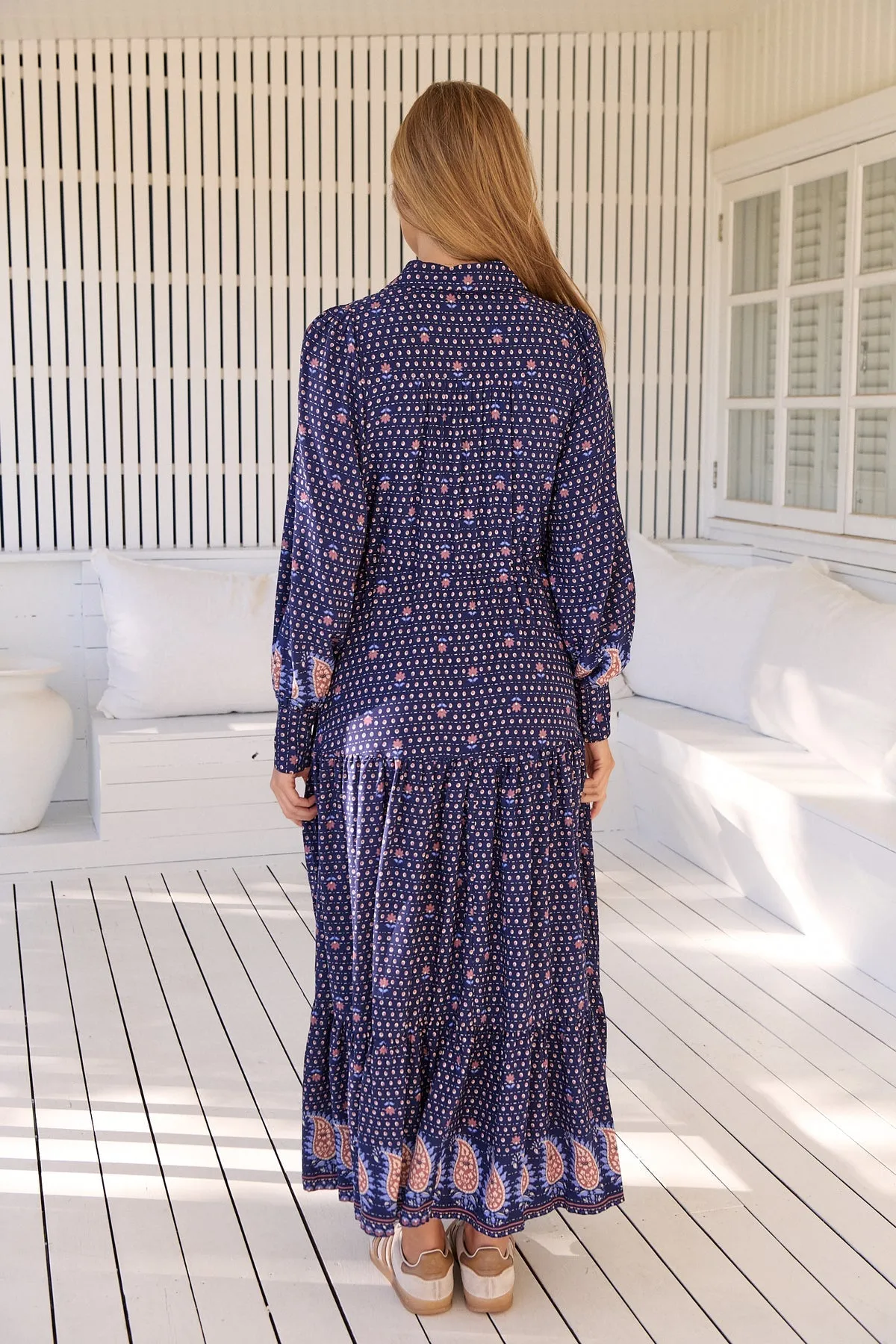 Jaase Romee Maxi Dress with Long Sleeve Drawstring Waist V Neck Collar - Alaska