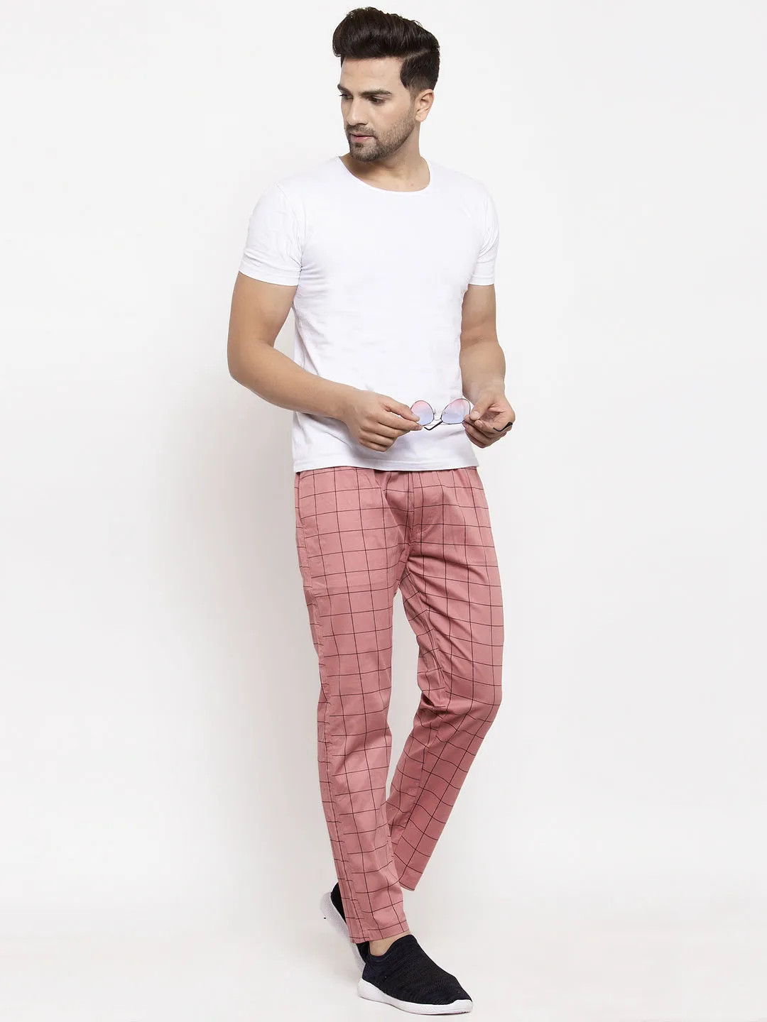 Jashvi Men's Peach Checked Cotton Track Pants