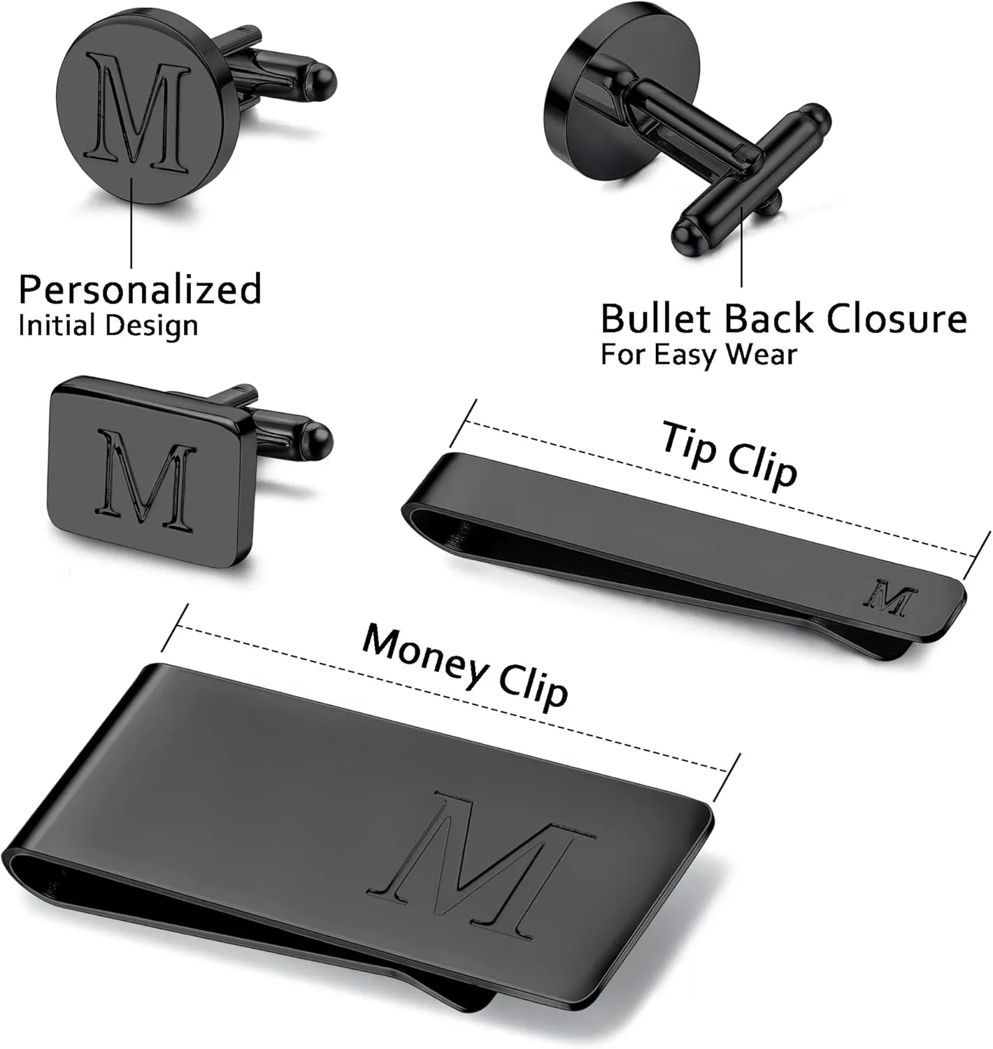 JOERICA Initial Cufflinks for Men and Tie Clip Set for Men Alphabet Letter Wallet Tie Clips and Cuff Link with Gift Box For Father Husband