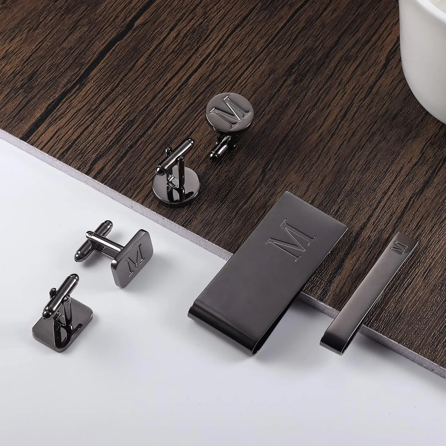 JOERICA Initial Cufflinks for Men and Tie Clip Set for Men Alphabet Letter Wallet Tie Clips and Cuff Link with Gift Box For Father Husband