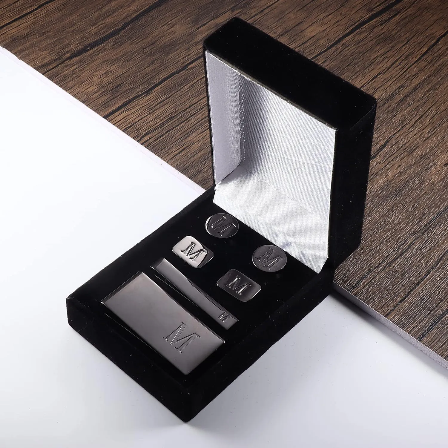 JOERICA Initial Cufflinks for Men and Tie Clip Set for Men Alphabet Letter Wallet Tie Clips and Cuff Link with Gift Box For Father Husband