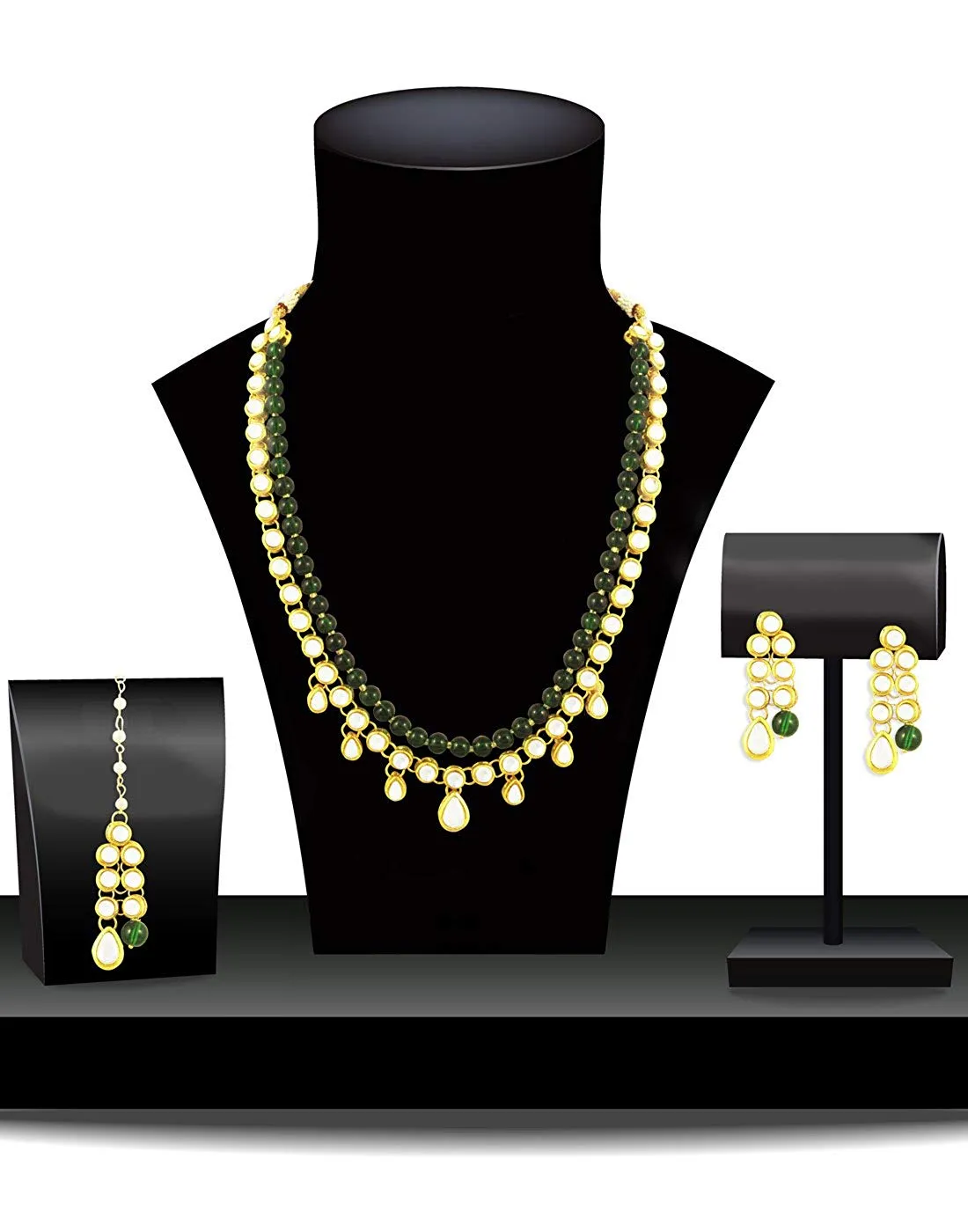 Karatcart 22K GoldPlated Kundan Layered Green Drop Ethnic Rani Haar Necklace Set