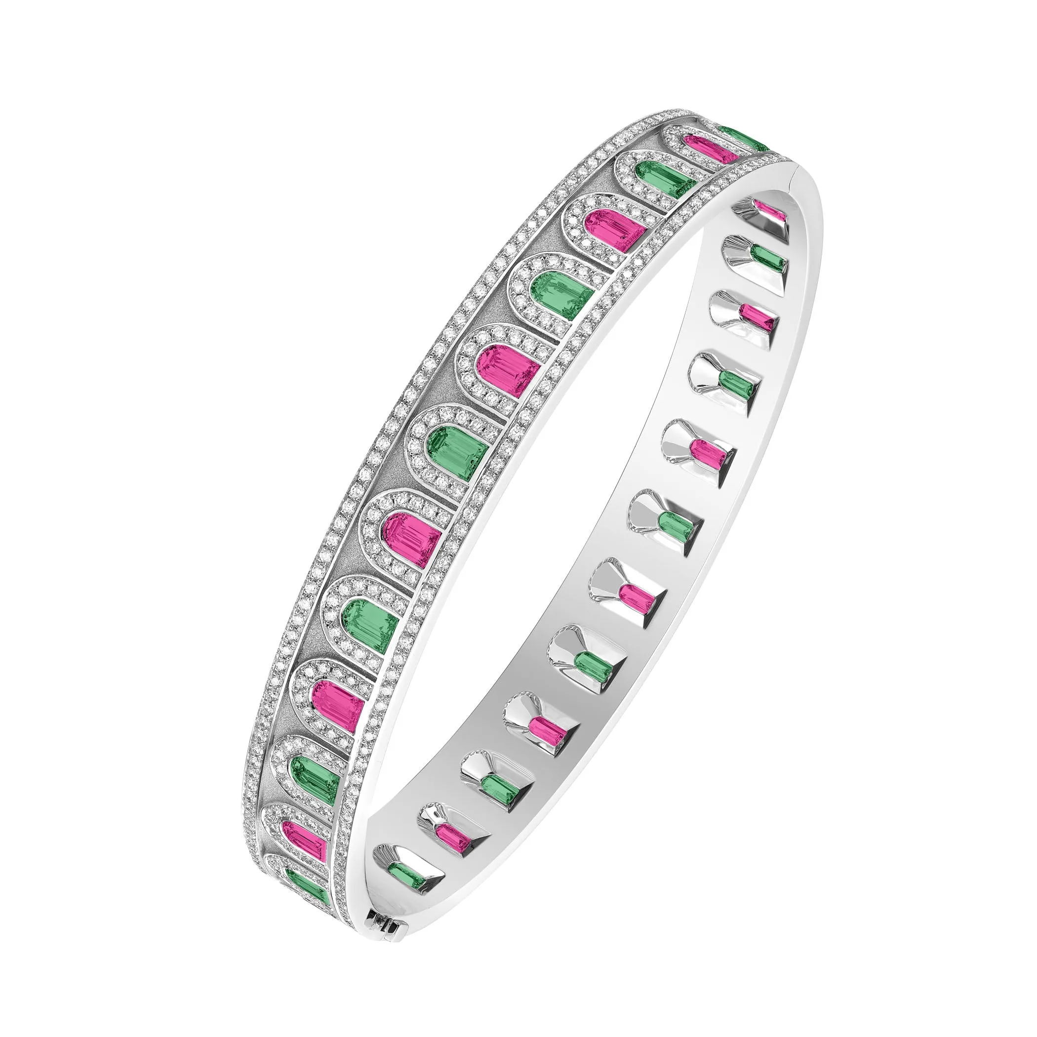 L’Arc Deco Platinum Bangle DAVIDOR Arch Cut Pink and Green Tourmalines and Brilliant Diamonds