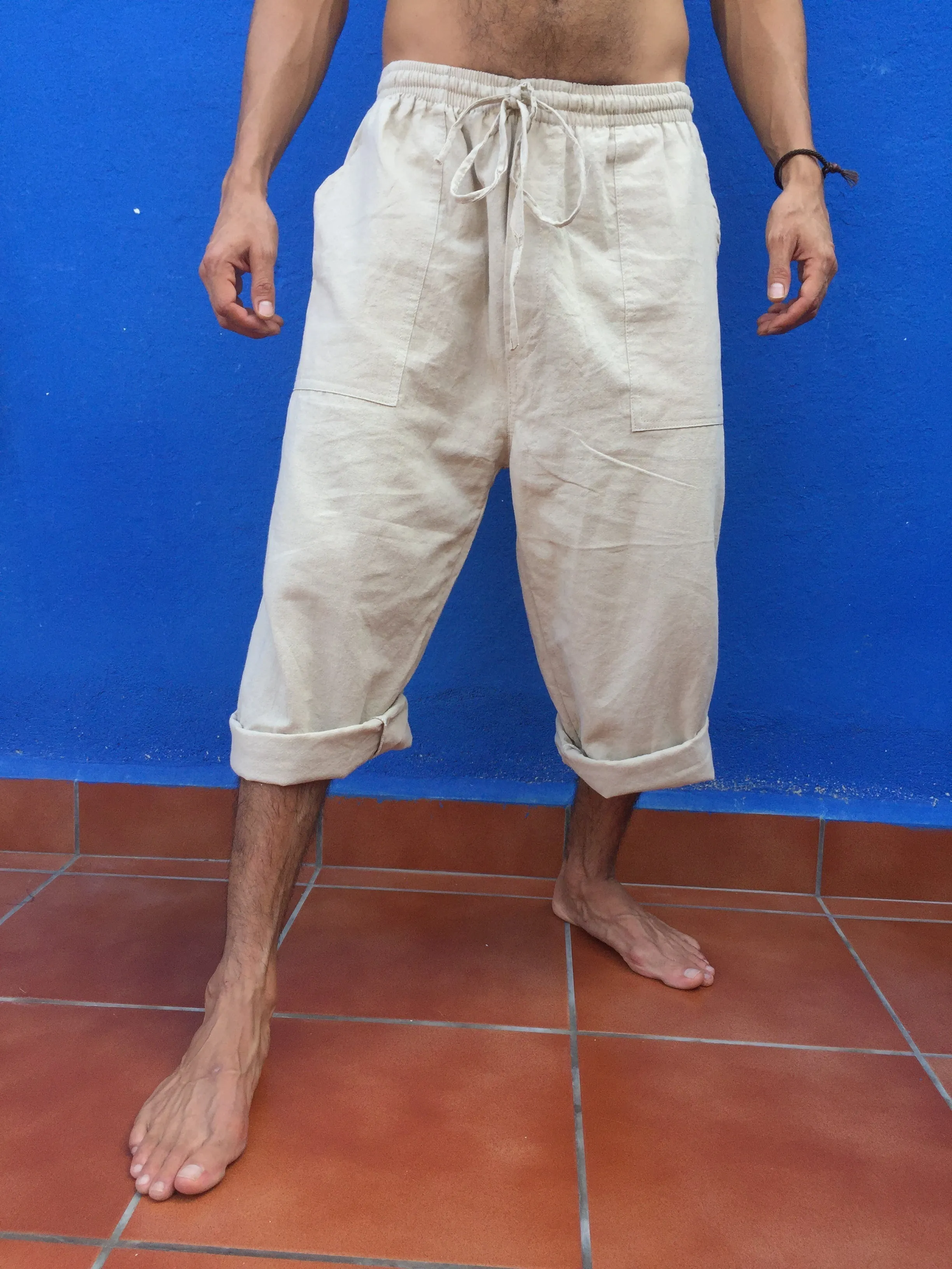 Long Drawstring Shorts Natural Cotton