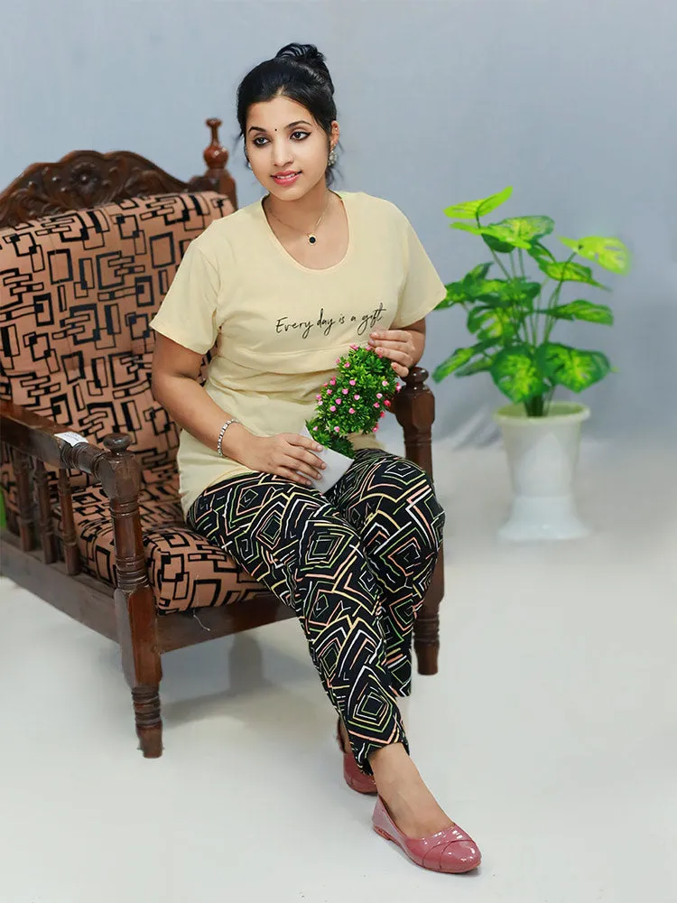 Maternity & Feeding Loop knit Night Suit for Women, featuring a Blue Color T-shirt paired with BlackColor Pants.