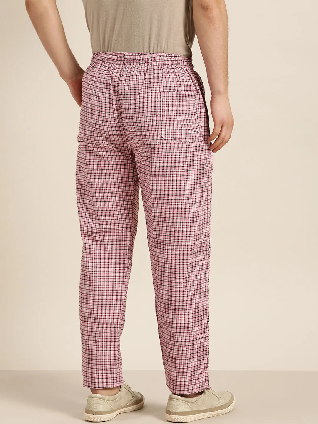 Men's Cotton Pink & White Checked Track Pant - Sojanya