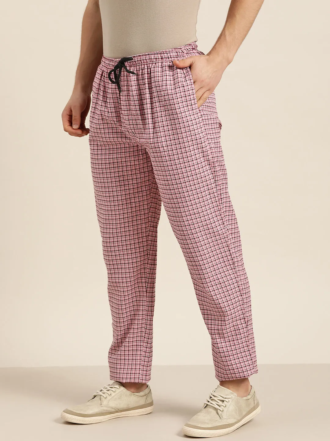 Men's Cotton Pink & White Checked Track Pant - Sojanya