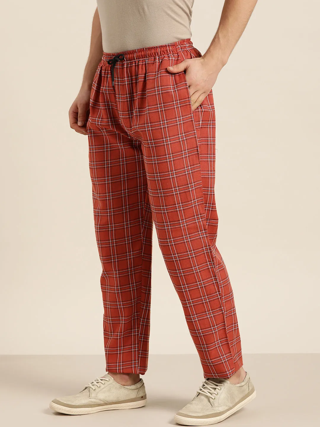 Men's Cotton Rust & White Checked Track Pant - Sojanya