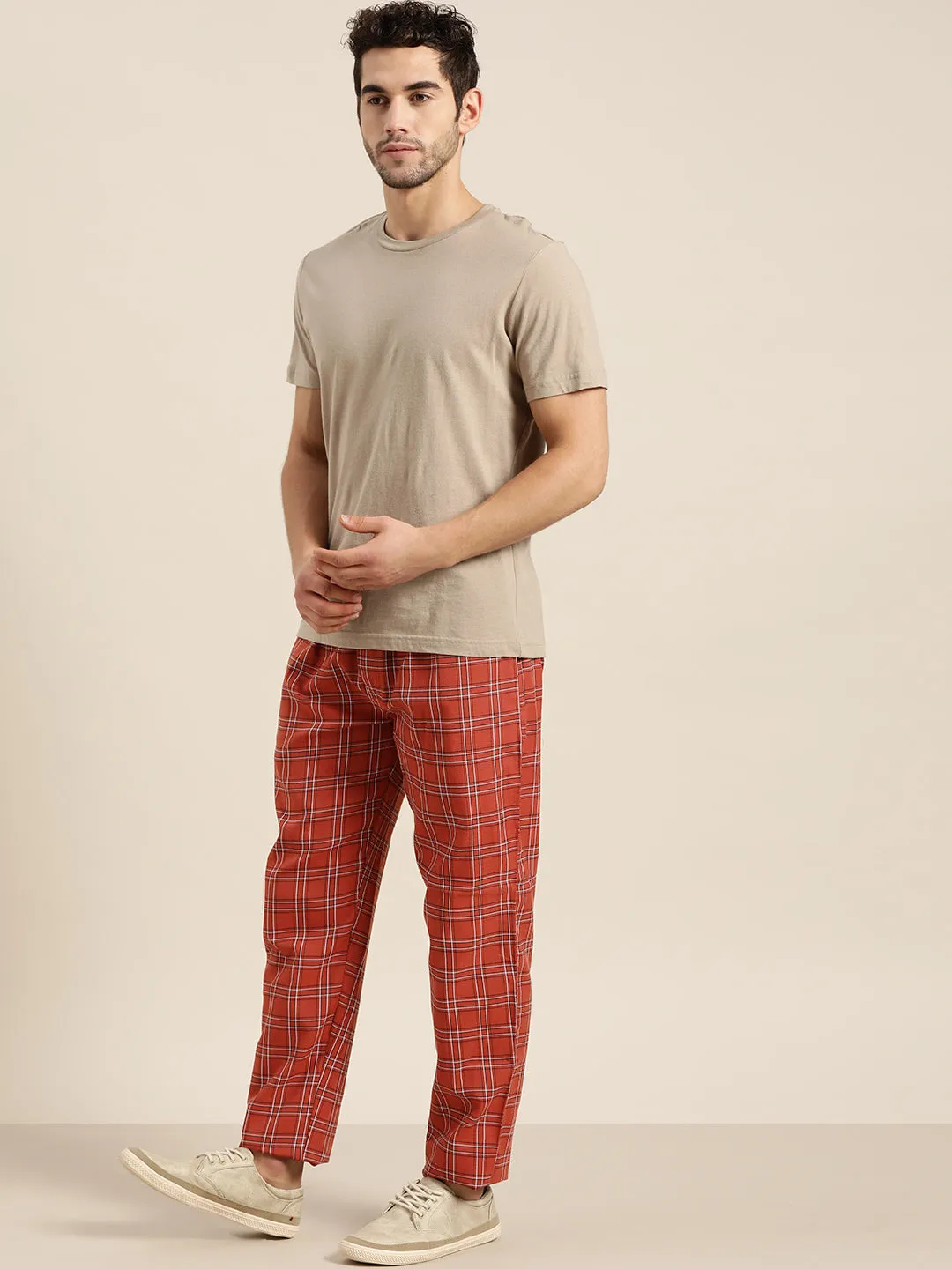 Men's Cotton Rust & White Checked Track Pant - Sojanya