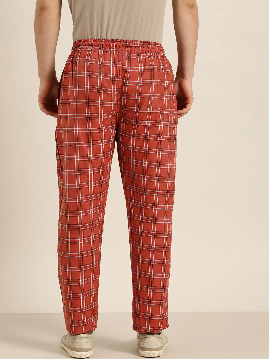 Men's Cotton Rust & White Checked Track Pant - Sojanya