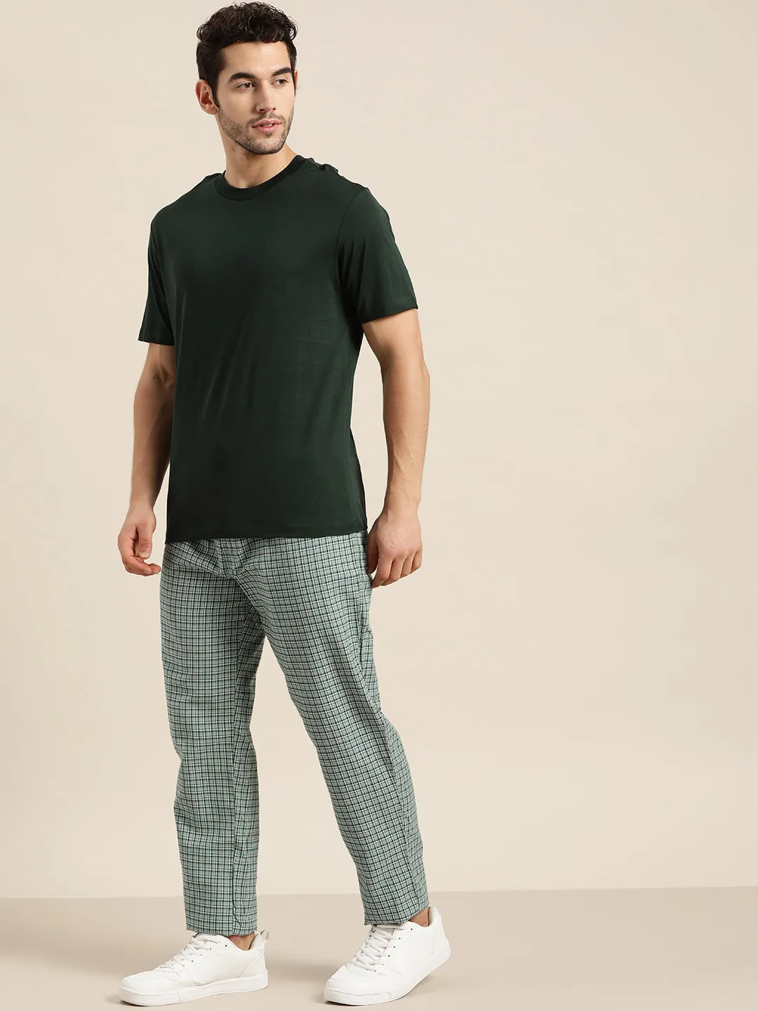 Men's Cotton Sea Green & White Checked Track Pant - Sojanya