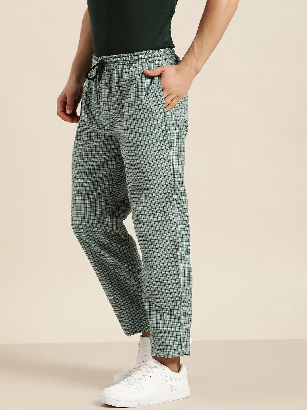 Men's Cotton Sea Green & White Checked Track Pant - Sojanya