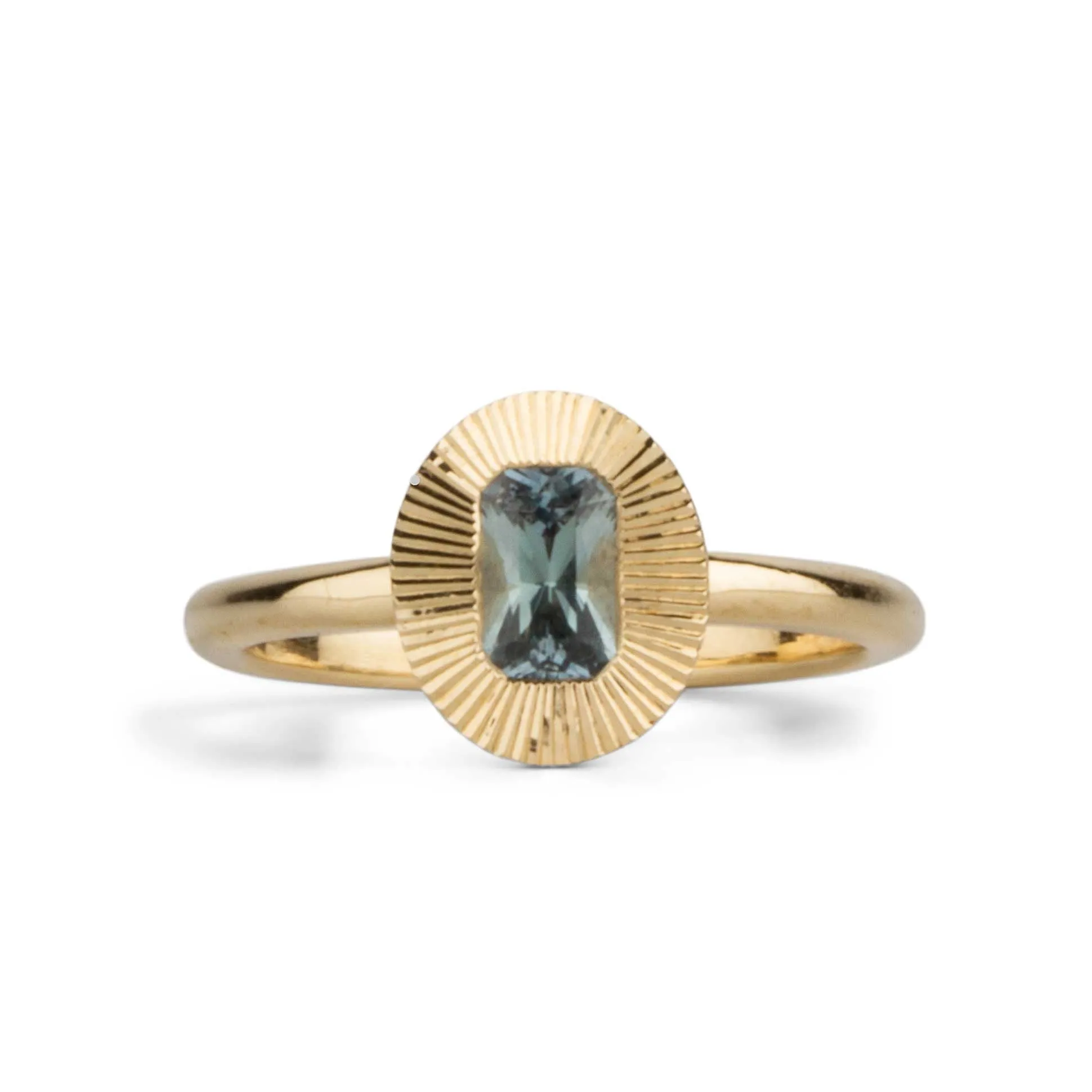North-South Oval Aurora Ring with Blue Green Radiant Cut Montana Sapphire .69ct