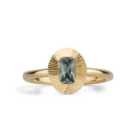 North-South Oval Aurora Ring with Blue Green Radiant Cut Montana Sapphire .69ct