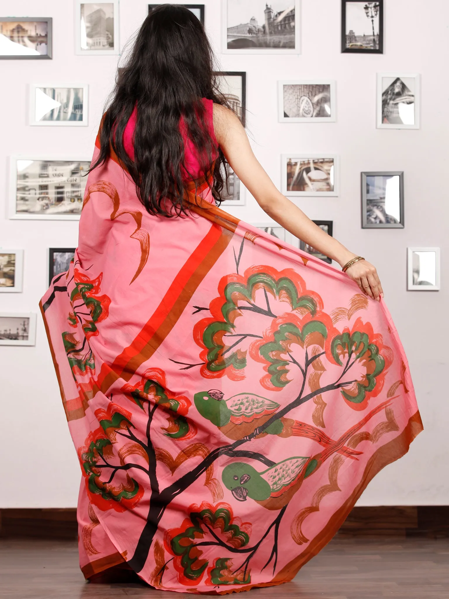 Pink Red Rust Green Block Printed & Hand Painted Cotton Mul Saree - S031702909