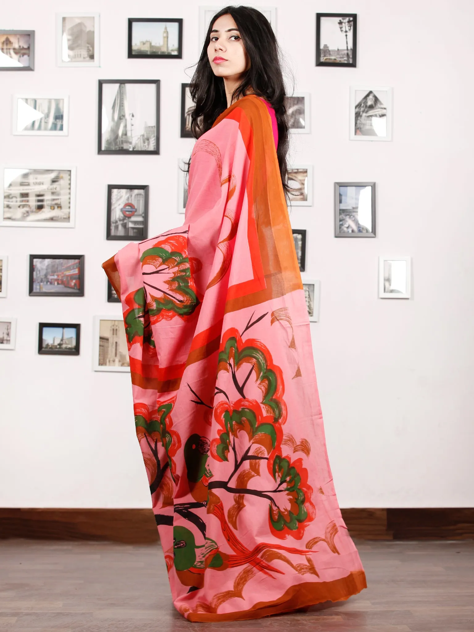 Pink Red Rust Green Block Printed & Hand Painted Cotton Mul Saree - S031702909