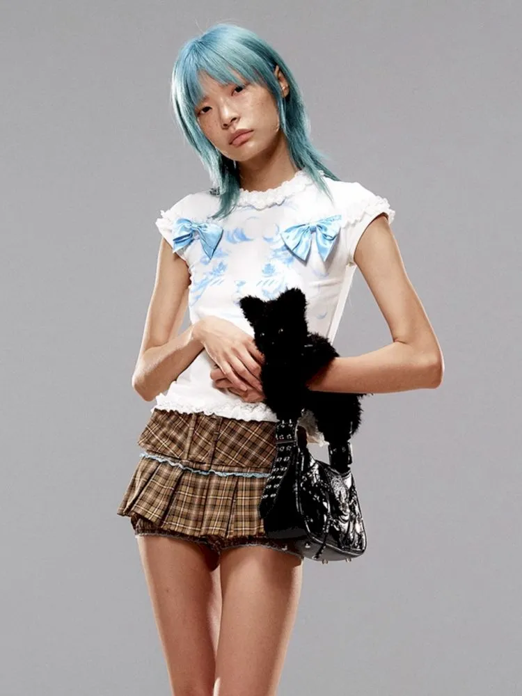 Plaid Lace Pleated Skirt Pants【s0000009418】