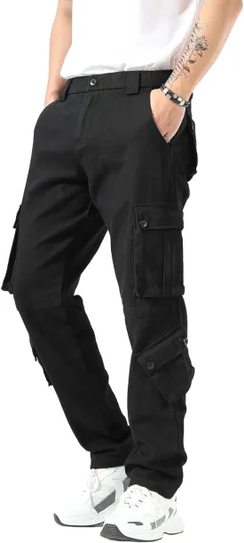 Plaid&Plain Cargo Pants for Men - Straight Fit with Extra Storage and Drawstring Tie
