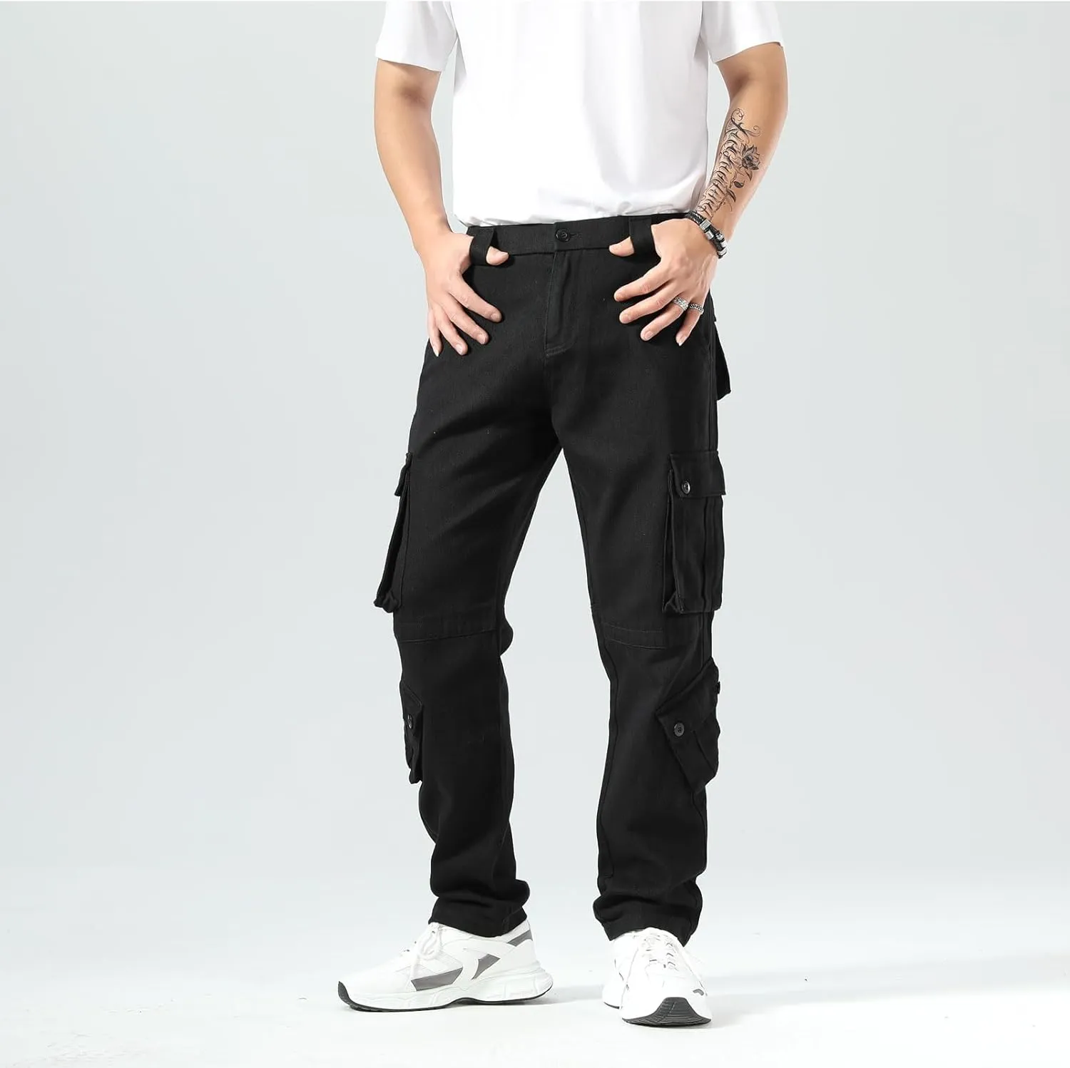 Plaid&Plain Cargo Pants for Men - Straight Fit with Extra Storage and Drawstring Tie