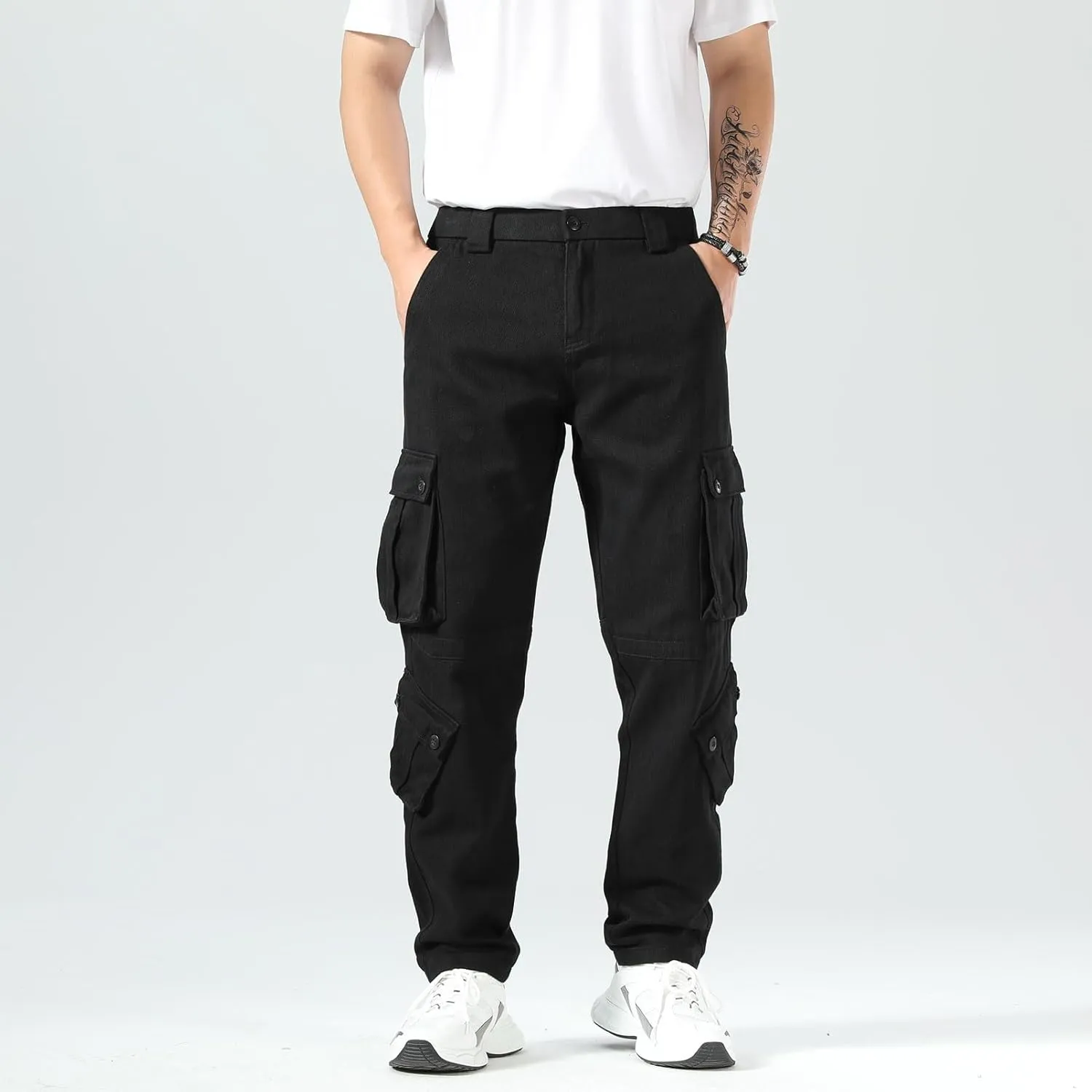 Plaid&Plain Cargo Pants for Men - Straight Fit with Extra Storage and Drawstring Tie