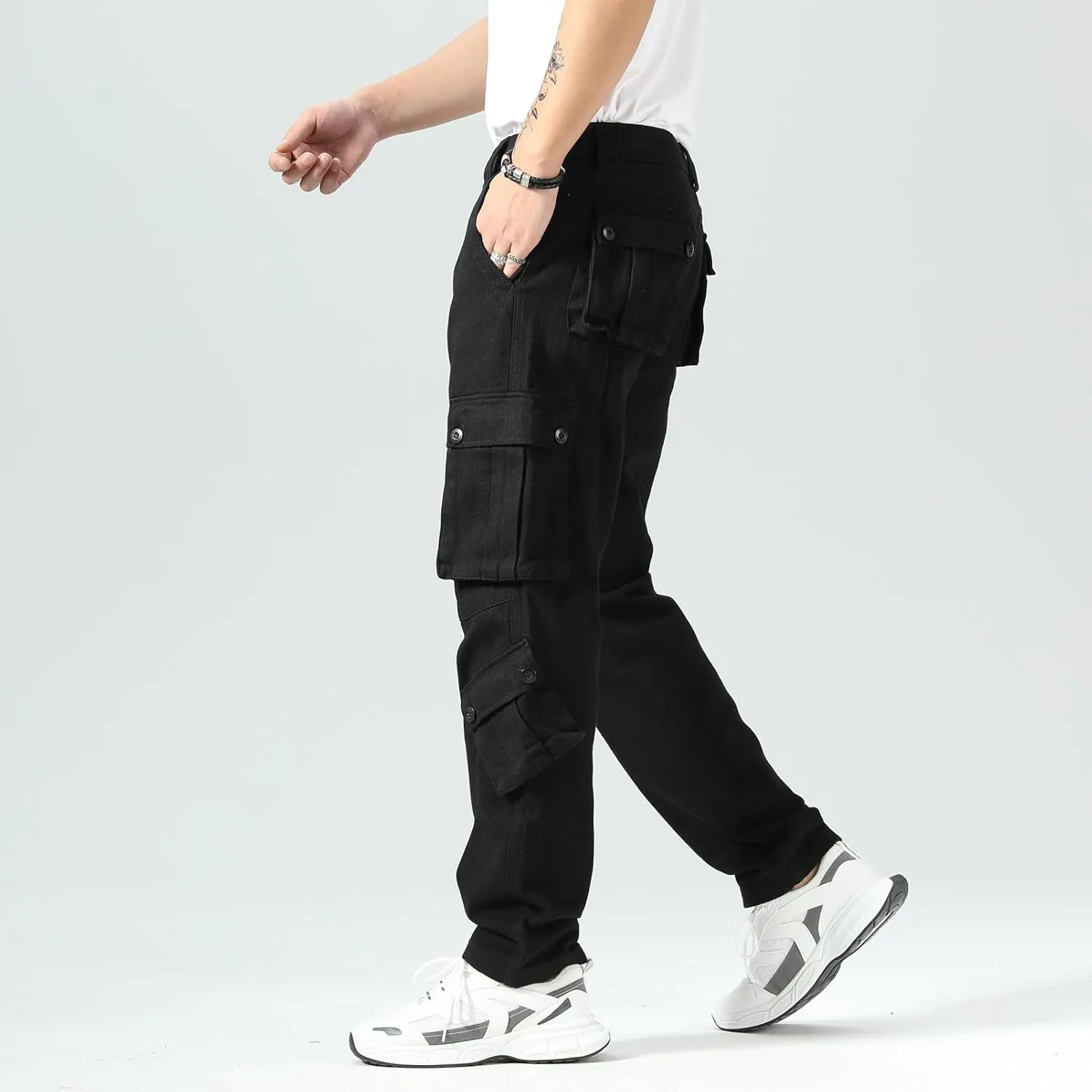 Plaid&Plain Cargo Pants for Men - Straight Fit with Extra Storage and Drawstring Tie