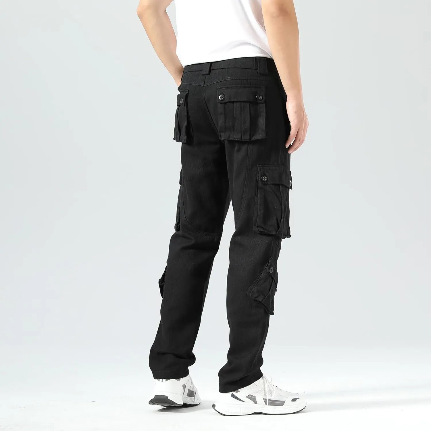Plaid&Plain Cargo Pants for Men - Straight Fit with Extra Storage and Drawstring Tie