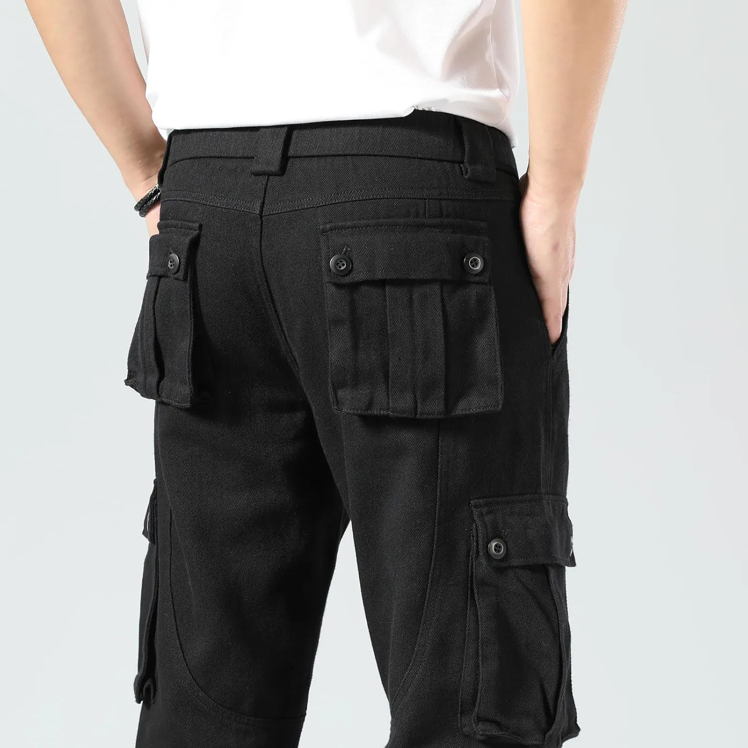 Plaid&Plain Cargo Pants for Men - Straight Fit with Extra Storage and Drawstring Tie