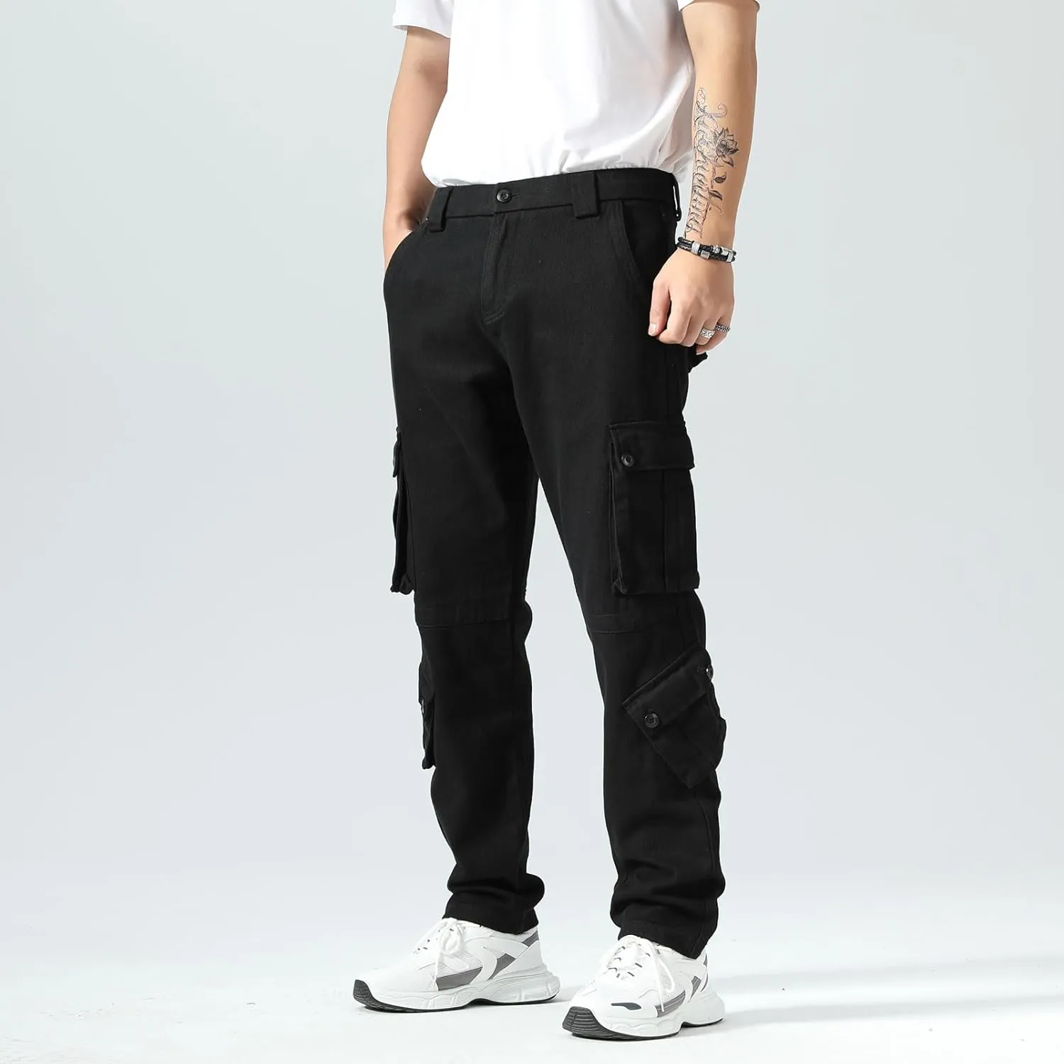 Plaid&Plain Cargo Pants for Men - Straight Fit with Extra Storage and Drawstring Tie
