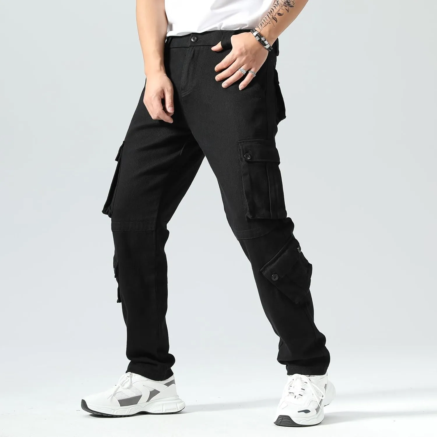 Plaid&Plain Cargo Pants for Men - Straight Fit with Extra Storage and Drawstring Tie