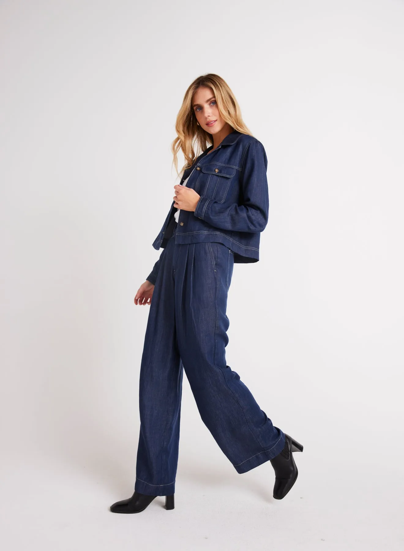 Pleated Wide Leg Pant - Dark Denim