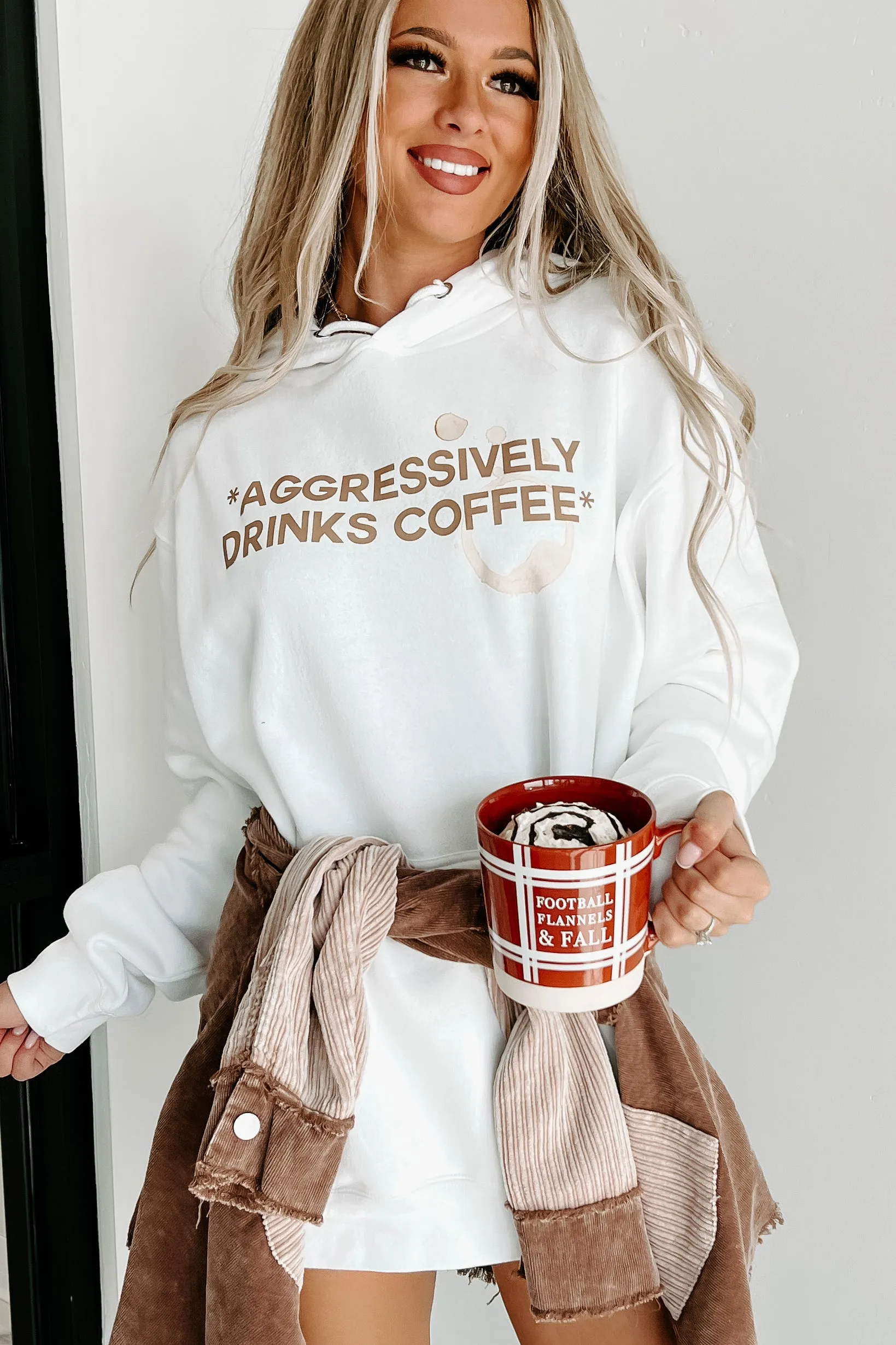 "Aggressively Drinks Coffee" Graphic Hoodie (White) - Print On Demand