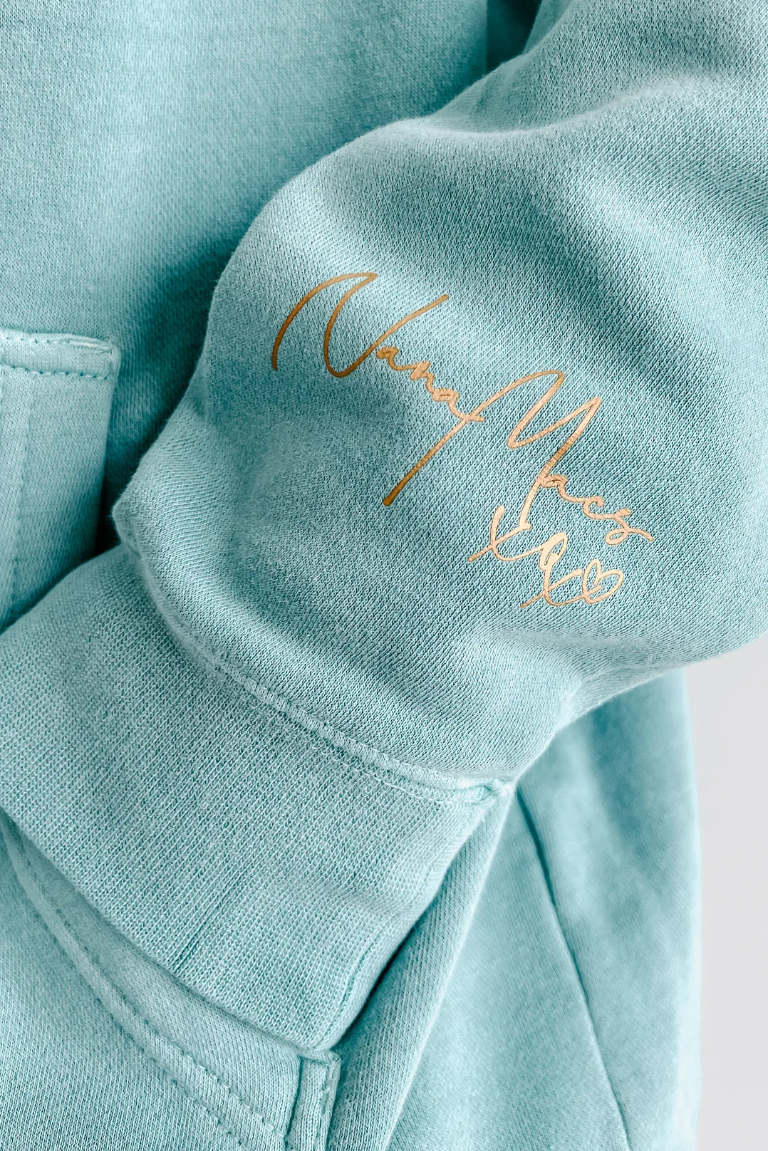 "NanaMacs XOXO" Vintage Wash Graphic Hoodie (Mint/Gold Text-Sleeve) - Print On Demand