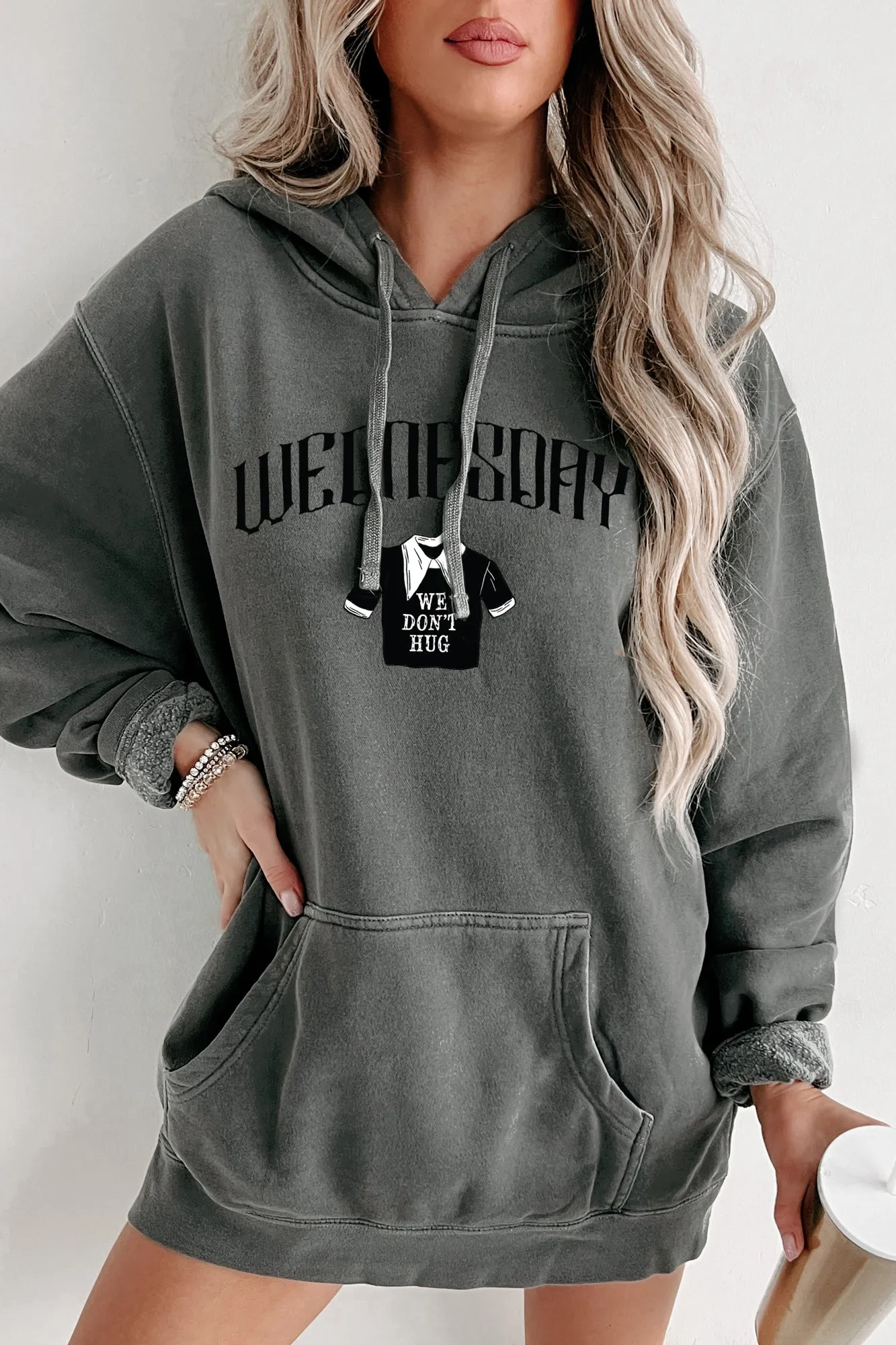 "We Don't Hug" Vintage Wash Graphic Hoodie (Black) - Print On Demand