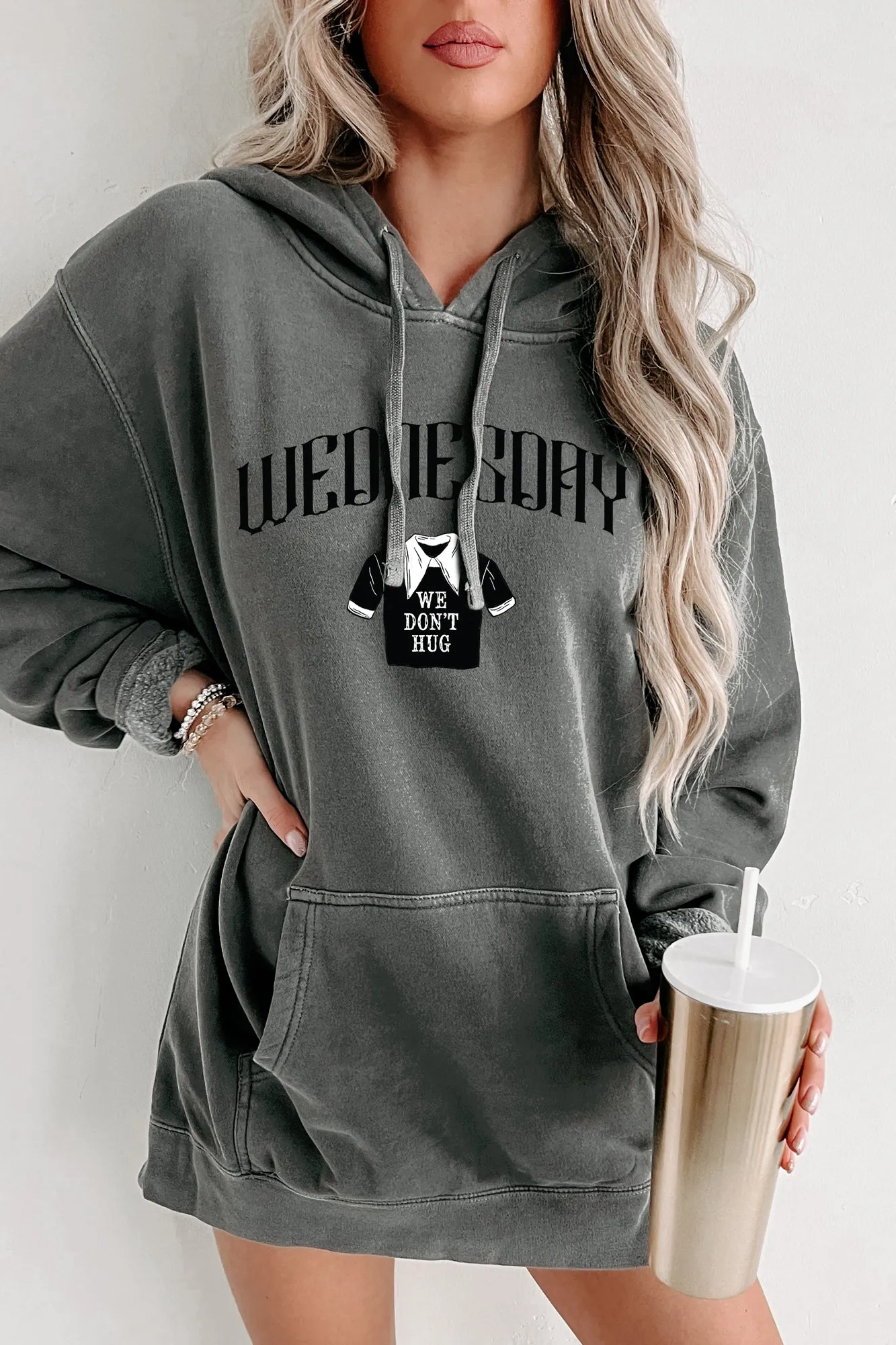 "We Don't Hug" Vintage Wash Graphic Hoodie (Black) - Print On Demand