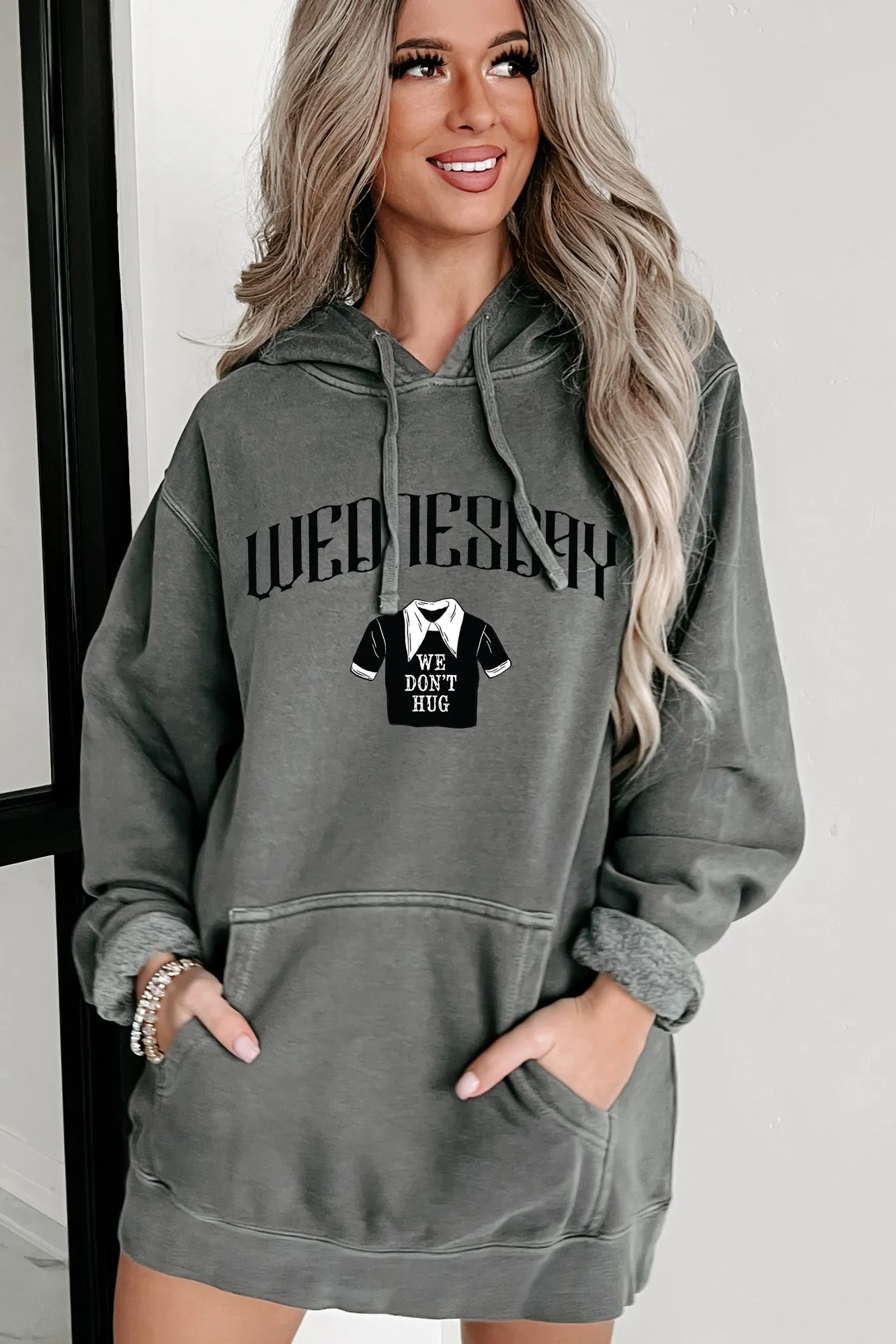 "We Don't Hug" Vintage Wash Graphic Hoodie (Black) - Print On Demand