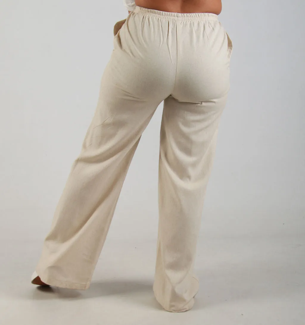 RELAXED WIDE LEG LINEN PANTS – OATMEAL
