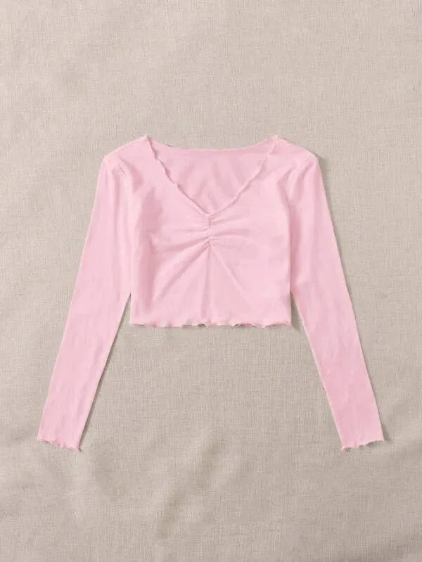 RUCHED LETTUCE-EDGE CROPPED TEE