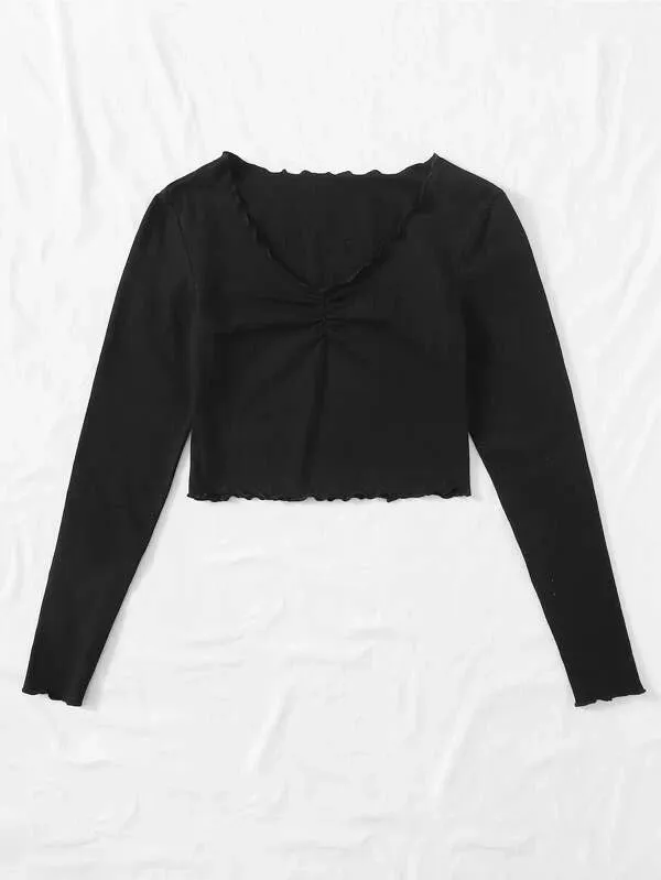 RUCHED LETTUCE-EDGE CROPPED TEE