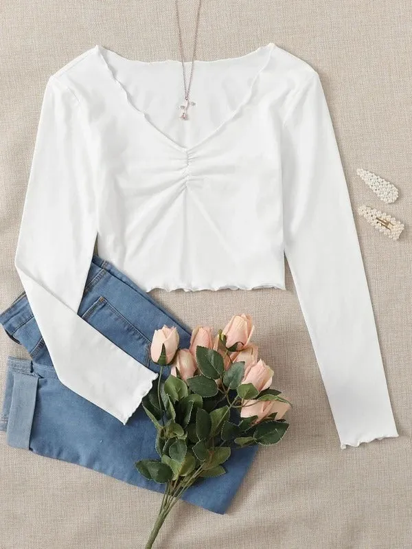 RUCHED LETTUCE-EDGE CROPPED TEE