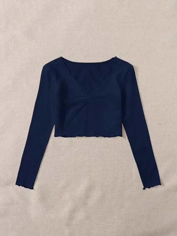 RUCHED LETTUCE-EDGE CROPPED TEE