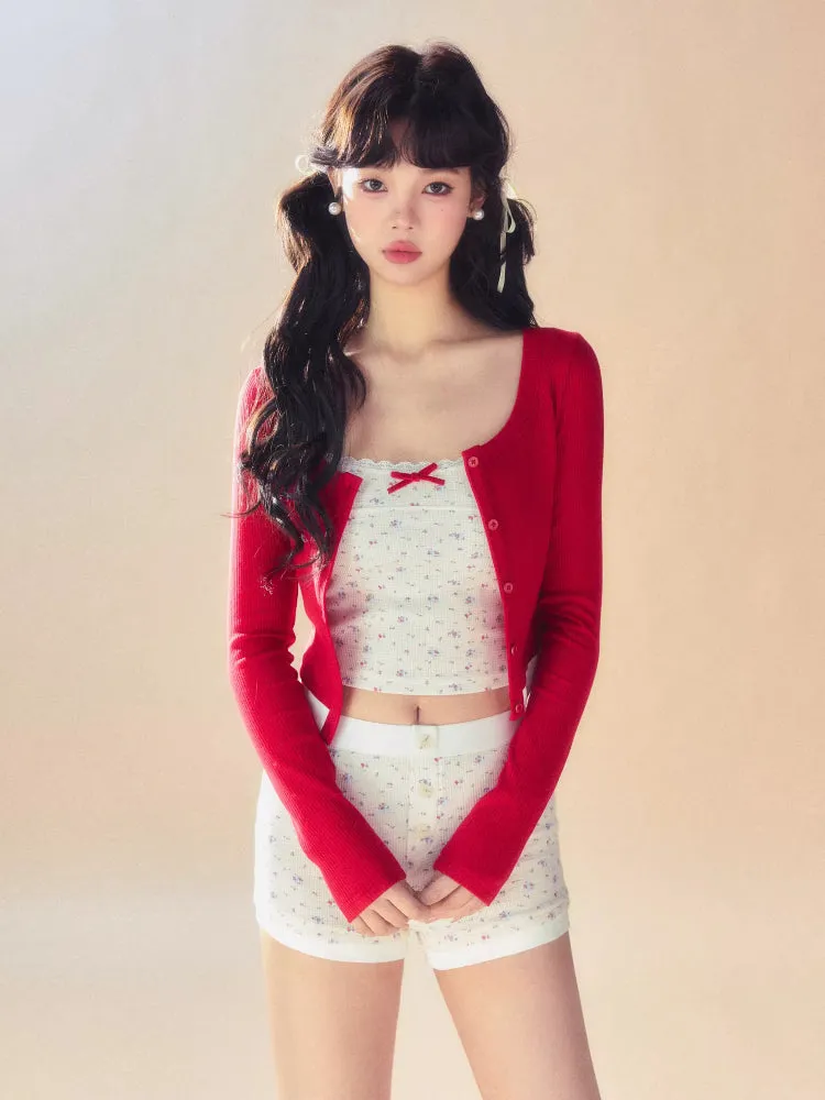 Slim short cardigan   camisole   pants【s0000007093】
