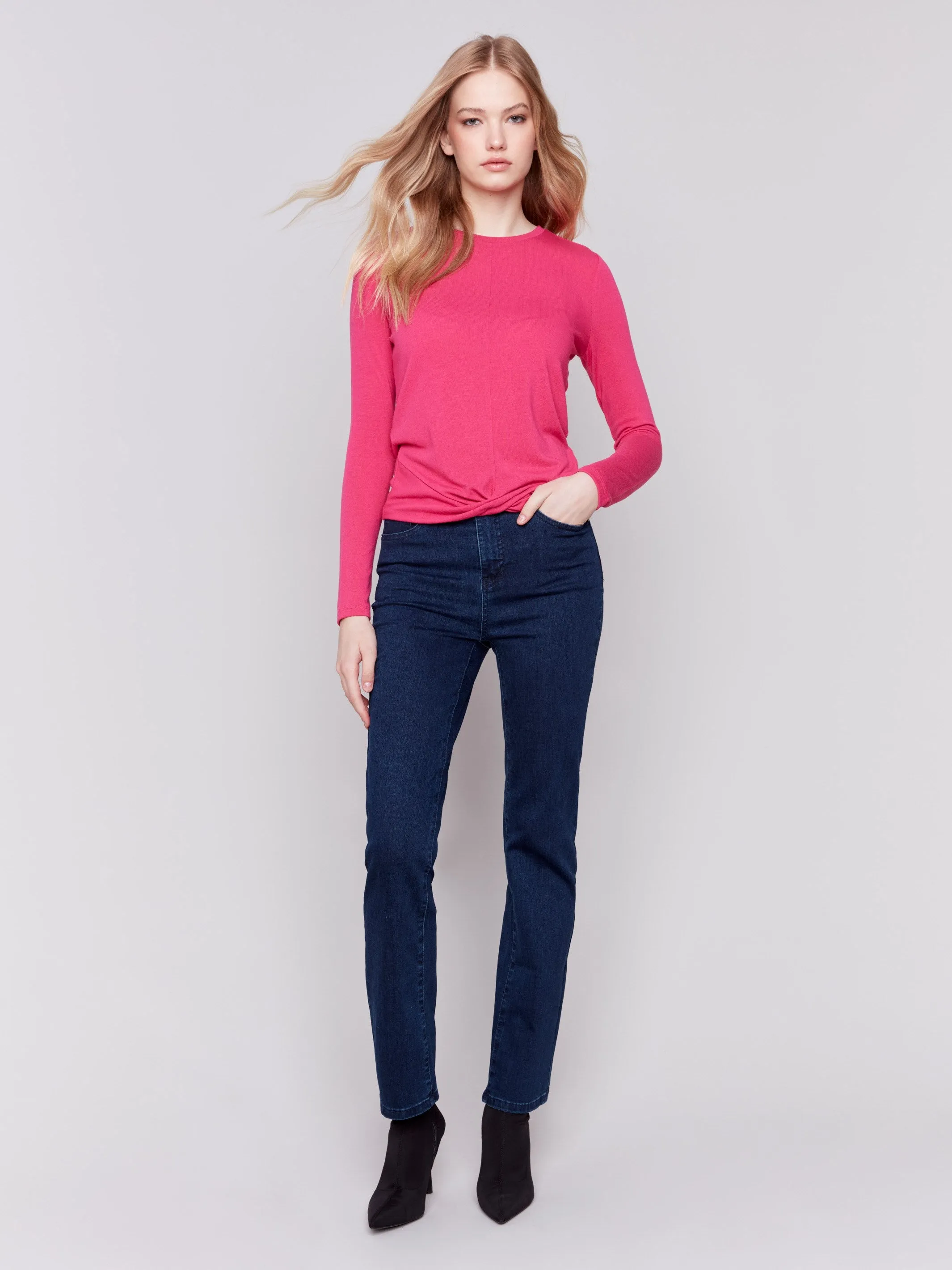 Soft Jersey Top with Front Knot Detail - Magenta