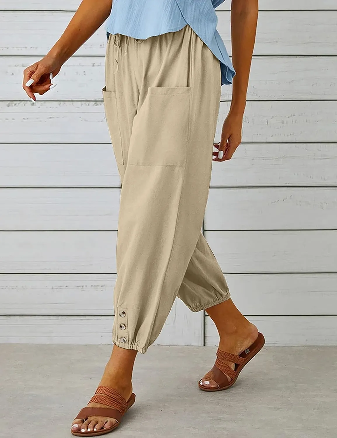 Wanzetaly Summer Cotton Linen Capri Pants for Women Loose Cropped Stretch Tapered Lantern Harem Pants Capris